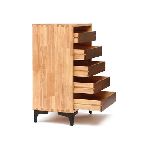 Vintage Industrial Five Drawer Filing Cabinet with Natural Wood Mortise and Tenon Sides, drawers open, side view
