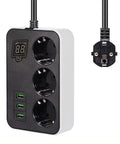 No Fuss Smart Timing Power Strip With Cool Touch Switch And Heavy Duty Surge Protection 1.8 Meter Extension Cord featuring three EU plugs and dual USB ports.