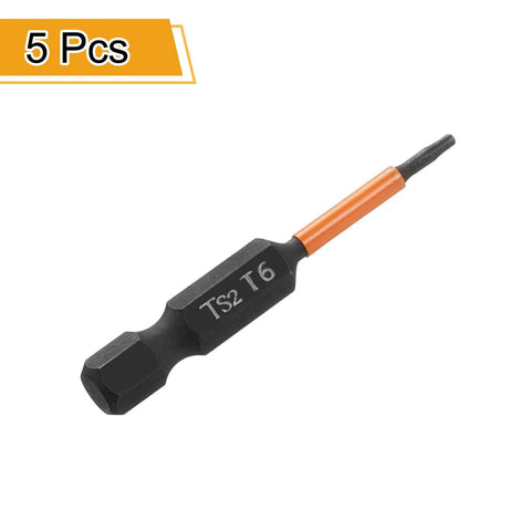 Built Tough T6 Torx Screwdriver Bits With One Quarter Inch Hex Shank And Two Inch Length crafted from S2 steel, 5-piece set, showing T6 bit.