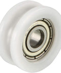 Ready To Roll V Groove Bearing Pulley Wheels For Linear Guide Rails Smooth Slide Track Rollers Heavy Duty Precision Engineered Build Quiet Operation Pack Of Four White close-up view of nylon pulley with sealed bearing