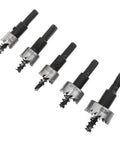 Five Piece Hole Saw Set From 16mm To 30mm HSS Cutter Kit For Stainless Steel Wood Aluminum And Plastic on white background