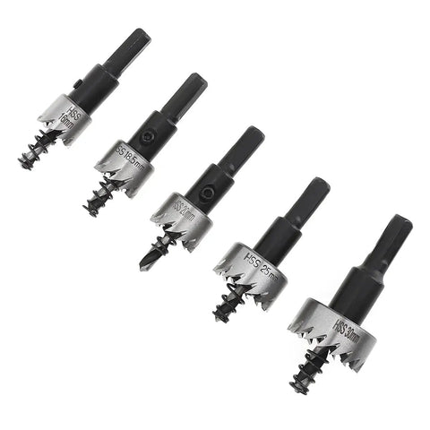Five Piece Hole Saw Set From 16mm To 30mm HSS Cutter Kit For Stainless Steel Wood Aluminum And Plastic on white background