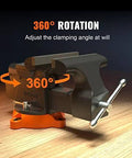 VEVOR bench vise, 6-inch jaws, black body on orange base with 360° rotation for drilling and pipe cutting