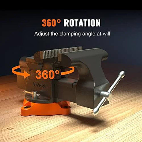 VEVOR bench vise, 6-inch jaws, black body on orange base with 360° rotation for drilling and pipe cutting