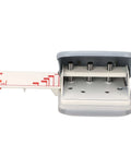 Handheld 3 hole punch with metal construction and positioning ruler, 5 sheet capacity for B5 A4 A5 loose leaf paper, open view