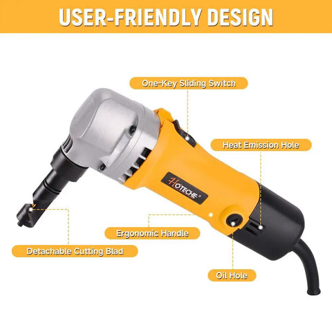 Hoteche 4.2amp Electric Sheet Metal Nibbler Tool For Cutting Steel Aluminum Up To 16 Gauge with ergonomic handle and detachable blade.