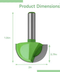 Top Tier Core Box Router Bit With 1.3 Inch Round Nose Bullnose Edge For Woodworking Milling Projects And CNC Machines dimensions showing 1.26-inch nose, 0.79-inch diameter.