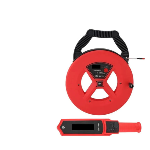 No Sweat Wall Scanner With Dead Easy Stud Detection And Deep Range Pipe Blockage Locator For Live Wire Cable Finder Plus Reliable Plumbing Diagnostic Tool, featuring a red measuring reel and handheld monitor.