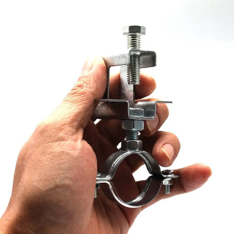 Hand holding Heavy Duty Conduit Hanger Kit With Beam Clamp And Pipe Support Bracket For I-Beam Install, showcasing 1-1/4 inch clamp