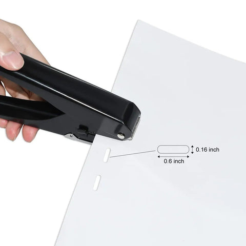 All Metal Hole Punch For DIY Crafts and Paper, showing use on white paper, creating precise elliptical holes 0.6 by 0.16 inch.