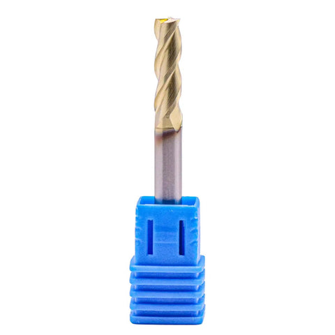 Front view of Workhorse High Performance Solid Carbide Square End Mill for Aluminum and Copper ZrN Coated in a blue holder.