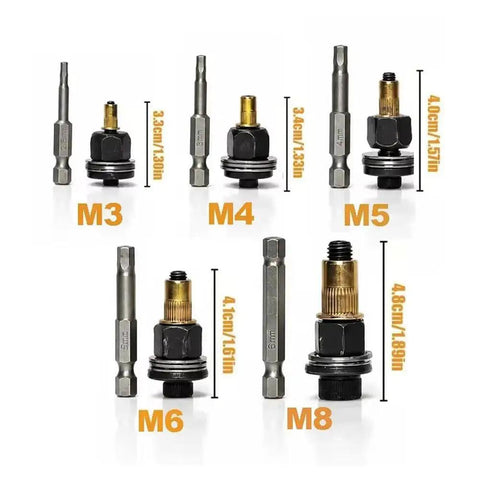 Real Deal Heavy Duty Rivet Nut Tool Set With Tough Carbon Steel Inserts In M3 M4 M5 M6 M8 Sizes For Car Repair And Sheet Metal Fabrication Drill Ready Pro Kit, showing individual nuts with dimensions.
