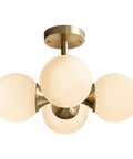 Antique Brass 4 Light Ceiling Light With Frosted Glass Globes, Mid Century Modern Chandelier from below view