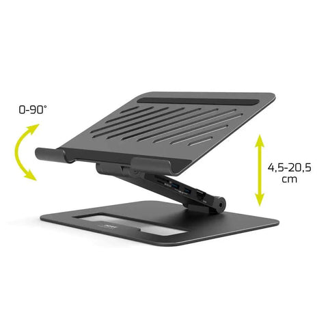 Adjustable laptop stand with a 0-90° tilt, height range 4.5-20.5 cm, part of the Level Up Your Desk Game With This Slick 2 In 1 Usb C Docking Station And Adjustable Laptop Stand Delivering 85W Power Dual 4K Hdmi Output And Seven Smart Ports.