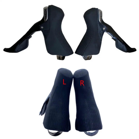 Bicycle Handle Rubber Grip Set With Brake Lever Cover And Shift Lever Silicone Covers Non Slip Rubber Grips shown from front and back