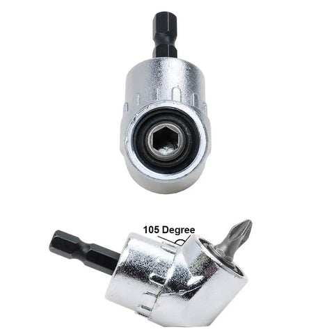 Right Angle Drill Attachment 105 Degree For Tight Spots With Magnetic Bit Socket Quick Change 1 Quarter Inch Drive DIY Power Screwdriver And Impact Drill Adapter For Auto Maintenance Home Improvement Furniture Install, top and side view