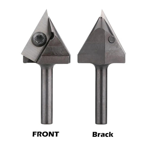Front and back view of 60 Degree V Groove Router Bit with One Quarter Inch Shank and One Inch Cutting Diameter for precise engraving.