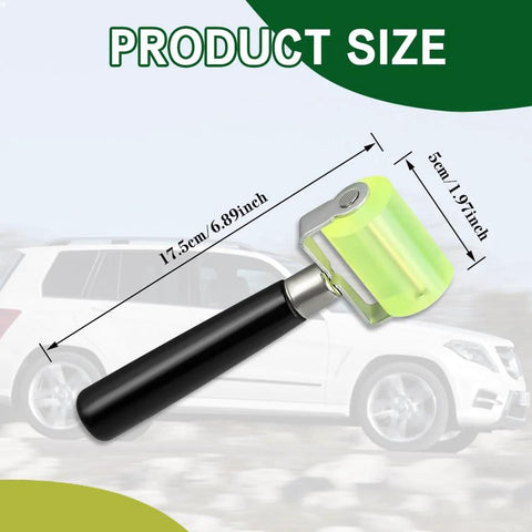 Close-up of HAOBO auto sound-deadening seam roller with black handle and neon-green roller head, 17.5 cm long