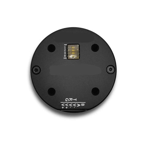 Ultra Efficient Brushless Servo Motor For Low Speed Hollow Cup Pan Applications, Longer Runtime, No Brush Design, Low Maintenance BLDC DC Motor With CAN 15 Bit Compatibility, top view showing mounting slots and electrical connectors