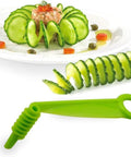 Green spiral slicer kitchen gadget with handle; cucumber spirals and sliced rounds on plate.