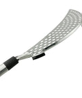 Close-up of Stainless Steel Crescent Pot Strainer Handheld Pasta Drainer For Spaghetti And Macaroni Fits Most Pots And Pans