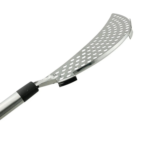 Close-up of Stainless Steel Crescent Pot Strainer Handheld Pasta Drainer For Spaghetti And Macaroni Fits Most Pots And Pans
