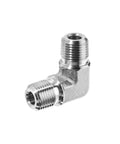 Quarter Inch 304 Stainless Steel Male Elbow Fitting Heavy Duty NPT Threads Built Tough For High Pressure Fluid Systems Rock Solid Performance ANSI Certified 7500 Psi Rating Precision Machined Industrial Grade Pipe Adapter in silver finish.