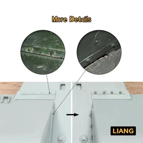 Detailed view of Pro Grade Universal Plastic Model Hardware Kit with micro screws and rivets on military model panel.