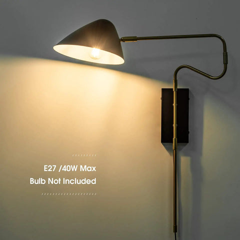 Set Of 2 Black Plug In Wall Sconces With Swing Arm And Rotatable Shade That Lets You Aim The Light, Easy On Off Cord Switch