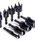 Top Shelf 8 Piece Carbon Steel Wood Plug Cutter Drill Bit Set With Tapered And Straight Heads Quick Swap 1/4 Inch Hex Shank showing eight black bits.
