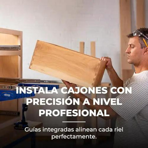 Man using Drawer Slide Jig Kit For Cabinets, Drawers, Desks And More That Delivers Easy, Accurate Install With Built In Indexing.