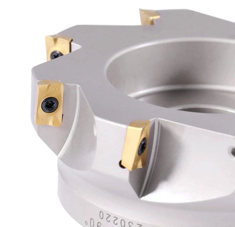 Heavy Duty 5 Inch 90 Degree Square Shoulder Indexable Face Mill With Eight APKT1604 Carbide Inserts Installed, One And One Half Inch Arbor Hole, Two Inch Overall Length, Nickel Plated Body With Secure Screw Down Inserts