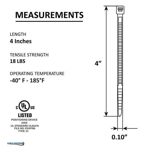 Diagram showing 4 Inch Black Zip Ties 100 Pack With 18 Lbs Tensile Strength Self Locking UV Resistant Nylon Wire Ties measurements.