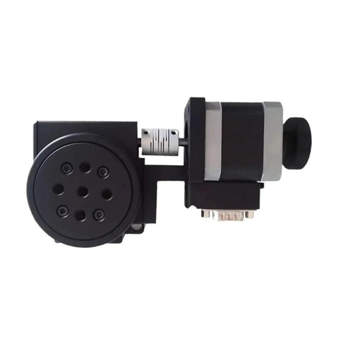 Electric Rotary Stage With Worm Gear For Precision Rotation, Optical Rotating Platform, side view of the motorized stage.