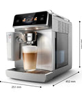 Super Automatic Espresso Maker With Smooth LatteGo Pro Milk Frother Brewextract Grind Boost For Heavy Bean Kick at a slight angle, showing latte in glass.