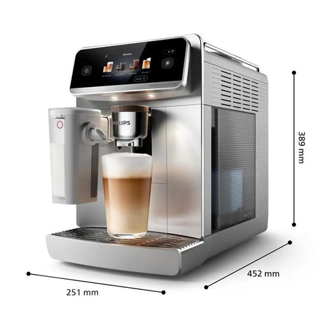 Super Automatic Espresso Maker With Smooth LatteGo Pro Milk Frother Brewextract Grind Boost For Heavy Bean Kick at a slight angle, showing latte in glass.