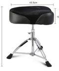 Built Tight Motorcycle Style Drum Throne With Durable Travel Bag Height Adjustable Swivel Seat Heavy Duty Double Brace Frame For Weekend Players And Serious Session Pros Black dimensions showing swivel seat and chrome base.