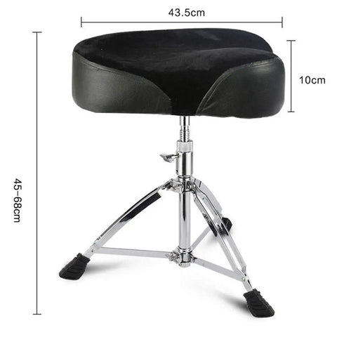 Built Tight Motorcycle Style Drum Throne With Durable Travel Bag Height Adjustable Swivel Seat Heavy Duty Double Brace Frame For Weekend Players And Serious Session Pros Black dimensions showing swivel seat and chrome base.