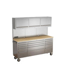 72 Inch Heavy Duty Tool Chest And Rolling Workbench With 15 Drawers, Wheels, Three Upper Cabinets, Pegboard, And Power Strip