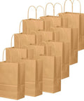 Heavy Duty Kraft Paper Bags With Handles 10 x 7 x 12 Inches, 250 Pack Brown Shopping Bags lined up, showcasing reinforced handles.