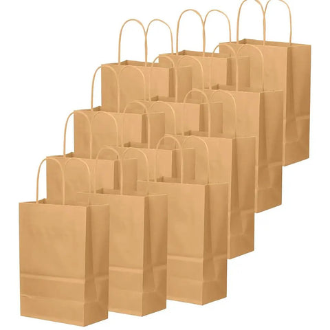 Heavy Duty Kraft Paper Bags With Handles 10 x 7 x 12 Inches, 250 Pack Brown Shopping Bags lined up, showcasing reinforced handles.