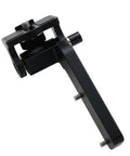 Side view of black metal monitor mounting bracket with clamp and long arm for camera rigs; 1/4-20 and 3/8-16 screw threads