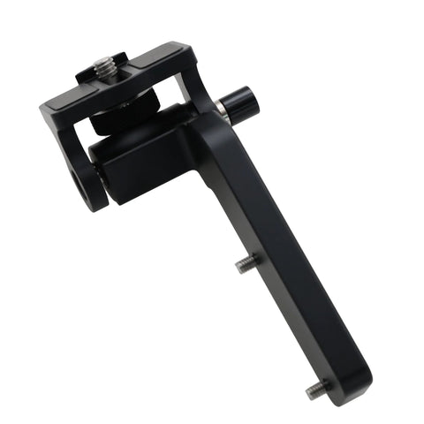 Side view of black metal monitor mounting bracket with clamp and long arm for camera rigs; 1/4-20 and 3/8-16 screw threads