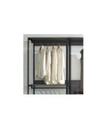 Heavy Duty Wood Walk In Closet Organizer System With Customizable Shelving And Rustic Gray Finish featuring hanging white shirts on a steel rack.