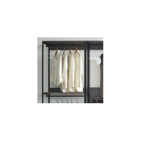 Heavy Duty Wood Walk In Closet Organizer System With Customizable Shelving And Rustic Gray Finish featuring hanging white shirts on a steel rack.