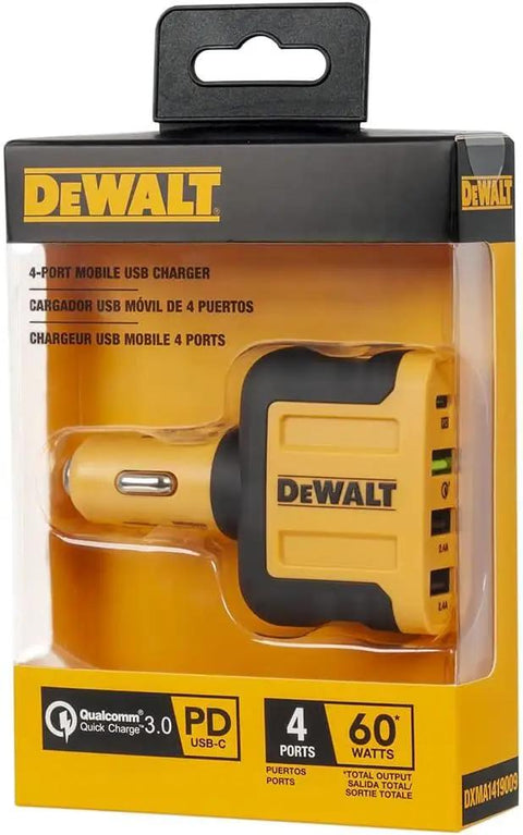 Rugged Four Port Usb C Car Charger Delivers Dead Serious 60W Fast Charging For Android Smartphones With A Gutsy Cigarette Lighter Adapter That Makes Highway Drives A Breeze, displayed in packaging.