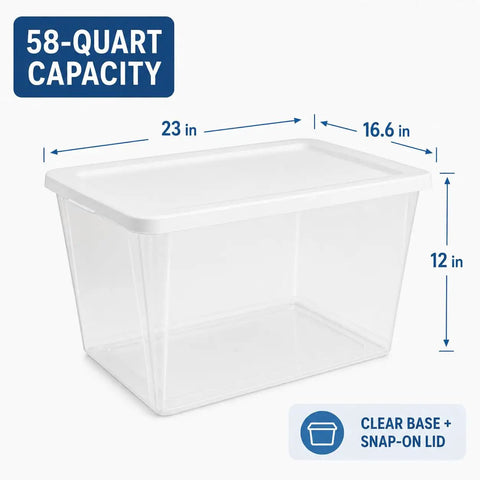 Super Spacious 58 Quart Clear Storage Bins With Easy Snap Lids Heavy Duty Stackable Plastic Organizer Boxes For Closet And Pantry Total Game Changer Vibe with dimensions 23x16.6x12 in.