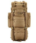 Front view of khaki large capacity outdoor backpack for camping and travel water repellent Oxford backpack for men and women rugged tough as nails hiking pack for climbing trekking ski mountaineering and day trips.