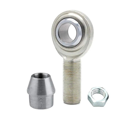 Beefed Up 5/8 Inch Heim Joints With Bung Four Piece Rod End Kit, includes joint, nuts, and adapter, ideal for street strip racing.