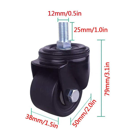 Heavy Duty Black Swivel Caster Wheels 4 Pack, showing 50mm black nylon wheel with 12mm threaded stem for carts.